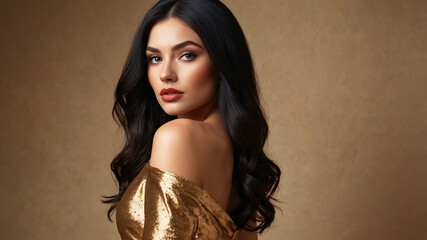 Portrait of a sophisticated woman with dark hair and gold dress, looking confidently over her shoulder.