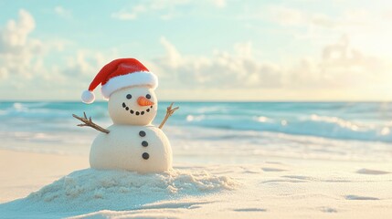 Snowman Made of Sand with a Santa