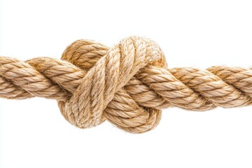 Fototapeta premium Twisted rope with a knot, isolated on white, minimalist design, ideal for concepts of connection, strength, or problem-solving in branding and marketing