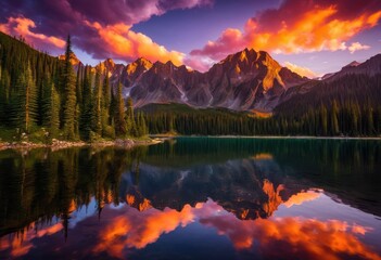 breathtaking vivid sunset reflections over tranquil mountain lake surrounded lush greenery majestic peaks, sky, water, clouds, nature, color, scenery