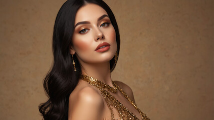 Elegant profile of a woman in a detailed golden gown, radiating confident beauty and contemporary style.