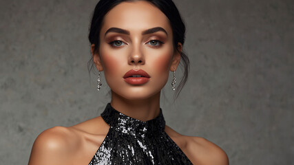Fashion portrait of a confident woman with sleek hair and bold makeup, adorned in a glittery sequin top, poised and elegant.