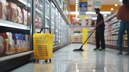 A Yellow Shopping Basket Left Behind in a Grocery Store Aisle
