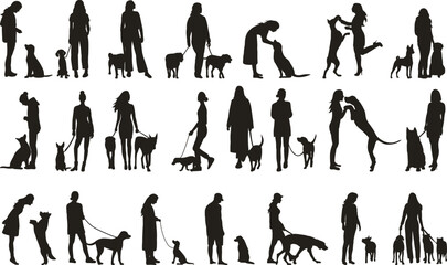 set of people walking dogs silhouette, vector