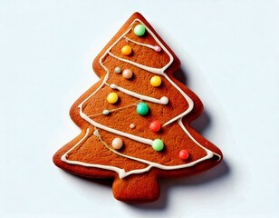 Gingerbread cookie shaped like a tree, decorated with white icing and tiny red, green, and yellow candies on top. Isolated on white