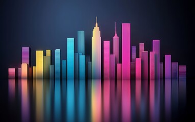 Obraz premium Vibrant city at night with neon reflections, skyline glowing in pink, blue, and purple hues, ideal for urban nightscapes, tech city concepts, or modern metropolis visuals