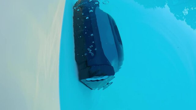 A robotic pool cleaner operates on the pool floor while a young boy leans over the edge of a swimming pool and observing 