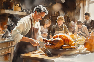 Preparing Thanksgiving Dinner.  Generated image.  A digital illustration of a watercolor scene of a bustling kitchen, filled with the aroma of roast turkey and the sound of laughter.