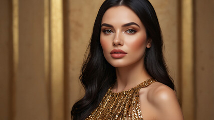 A lovely woman in gold fashion poses with poise, her dark hair framing a face of delicate beauty and radiance.