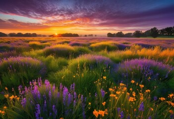 Obraz premium stunning sunrise over vibrant fields adorned sparkling dewdrops illuminating beauty, dawn, morning, light, illumination, colors, bright, outdoor
