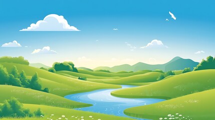 Obraz premium A Serene River Winding Through Lush Green Hills Under a Blue Sky