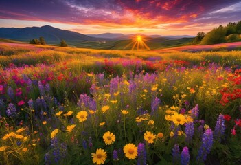 Obraz premium stunning shoot vibrant wildflower fields bathed soft light sunrise, blooming, wildflowers, nature, landscape, flora, grass, garden, petals, spring