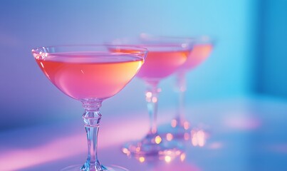 pink cocktails are served in crystal clear glasses, and the colored light reflects various colors on the body of the glass, Generative AI