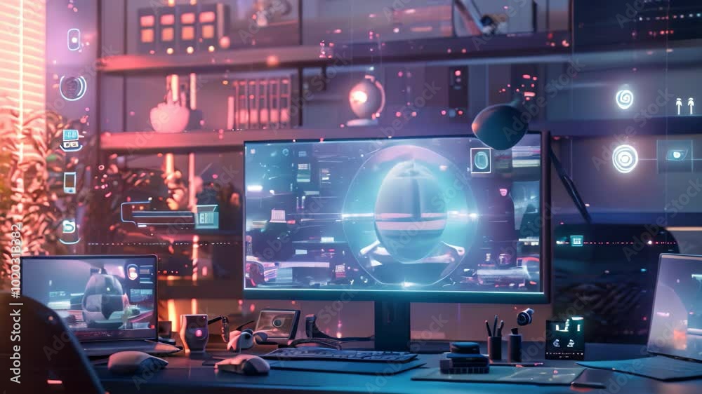 Poster futuristic workspace with multiple screens displaying digital interfaces and holographic elements, f