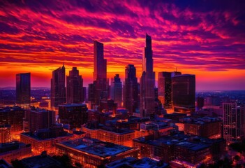 Fototapeta premium dramatic city skyline sunset dynamic clouds showcasing vibrant hues distinct architecture silhouettes striking sky, evening, light, skyscraper, urban, colors