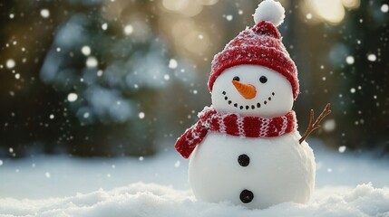 Merry christmas and happy new year greeting card featuring a joyful snowman in a winter wonderland landscape with snowy background and ample copy-space for personalized messages, perfect for holiday g