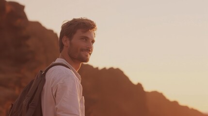 A man enjoying a sunset hike in scenic mountainous area, wearing backpack. Adventurous outdoor scene