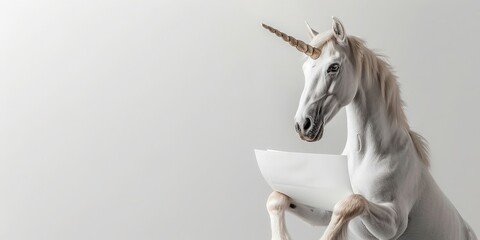 Unicorn holding contract in paws on white surface. Horse signing documents at table