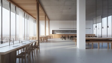 Modern office interior with panoramic windows and a central dining area, set against white walls and a concrete floor.