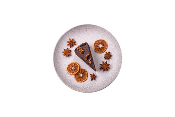 Piece of sweet chocolate cake with nuts