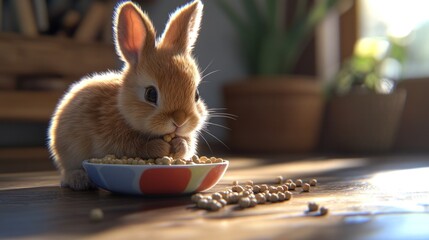Cute Bunny Eating from a Bowl