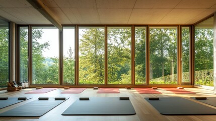 Fototapeta premium Modern yoga studio with wide windows and neatly arranged mats, allowing natural light to fill the space