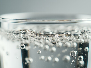 Macro shot of a clear glass of sparkling water with bubbles rising to the surface.Closeup of a glass of water with bubbles inside it