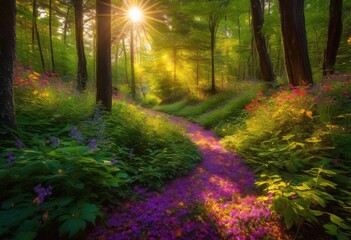 Obraz premium explore vibrant forest trails bathed sunlight leaves filtering rays creating magical outdoor experience, adventure, ambiance, boulders, breeze, canopies