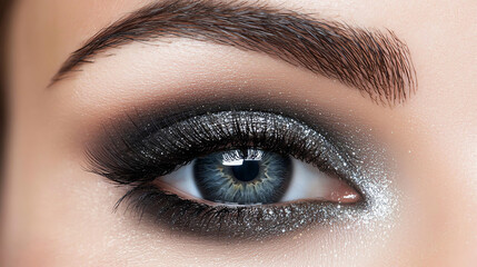 Close-up of a beautiful eye with shimmering makeup and expressive lashes.