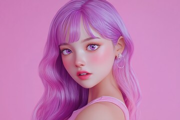 Naklejka premium 3D Anime Girl, Pink and purple color scheme Background Wallpaper