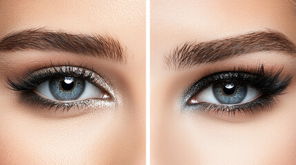 Fototapeta premium Close-up of beautiful eyes showcasing makeup details, white isolate background.