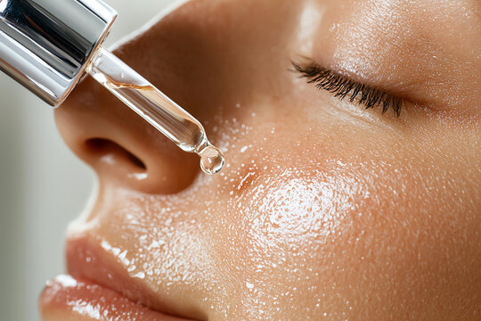 Close-up of beauty serum dropper on glowing skin, health and skincare concept.