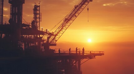 Obraz premium Oil rig silhouetted against a glowing sunrise, workers busy on the structure, concept of hard work and dedication
