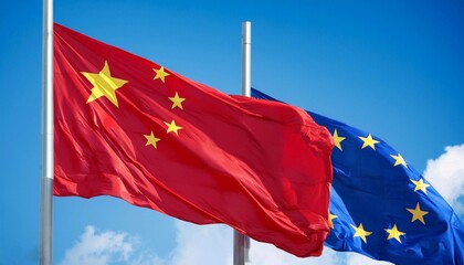 China flag and European Union flag fly side by side against clear blue sky background. Relationship between China and European Union, China vs EU