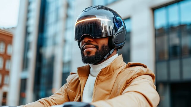 Modern Electric Scooter Rider with Augmented Reality Helmet - Powered by Adobe