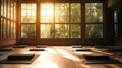 Peaceful yoga studio with open windows, soft sunlight, and neatly placed mats in rows