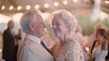 An elderly couple dances together at a wedding reception, with string lights and blurry guests in the background, An older couple dancing together at a family wedding reception - Powered by Adobe