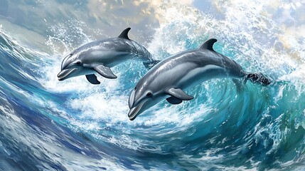 Two dolphins leaping over ocean waves under a cloudy sky.