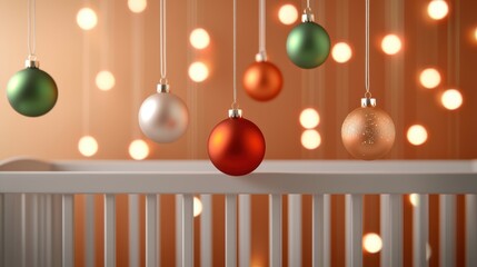 Festive holiday ornaments hanging over a crib, with soft lights creating a warm ambiance, ideal for celebrating the joy of the season.