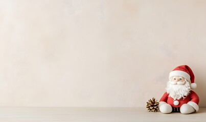 Fototapeta premium toy Santa Claus on a simple Christmas background, Generative AI