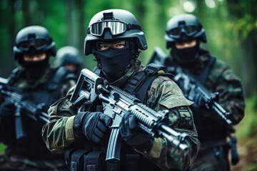 Chinese soldier in camouflage uniform holds rifle with squad members in a forest during training exercise on a cloudy day
