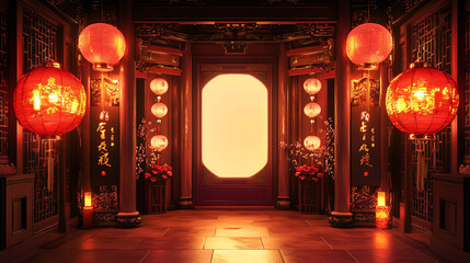 Fototapeta premium A vibrant interior showcasing traditional lanterns, ornate decor, and a glowing entrance, perfect for cultural and festive themes.