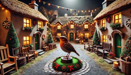 Wren's Day in Ireland, celebrated on December 26th, with a peaceful and festive village square featuring a decorative wren figure.