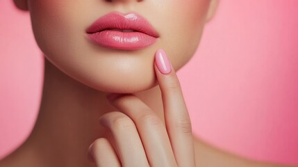 Fototapeta premium Portrait of a woman with pink lips and matching nails, touching her chin gently on a pink backdrop, highlighting her soft skin