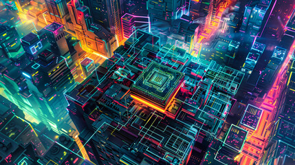 An advanced chip with glowing core generates data within a colorful square box amid a futuristic cityscape adorned with complex circuits and electronic components
