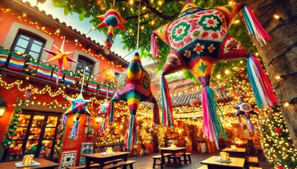Fototapeta premium Christmas piñatas in Mexico, with vibrant colors and festive decorations.