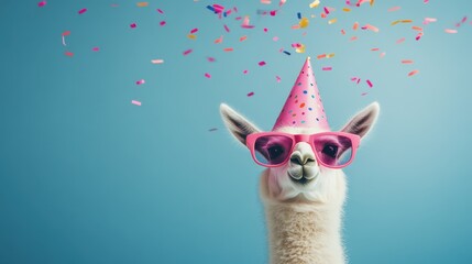 Llama wearing a colorful hat and pink sunglasses with confetti on a blue background. Quirky, fun party celebration concept.