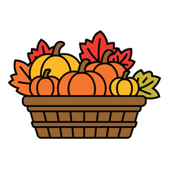 Basket of Pumpkins and Autumn Leaves Illustration