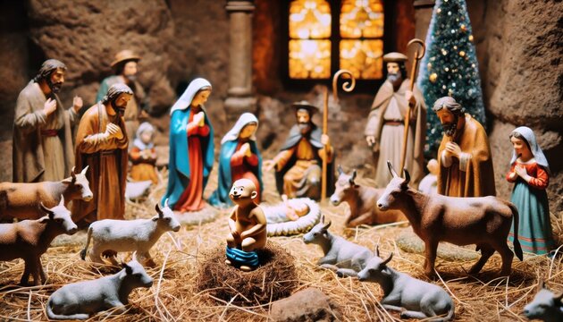 Caganer figurine in a traditional nativity scene in Catalonia, Spain, symbolizing fertility and good fortune