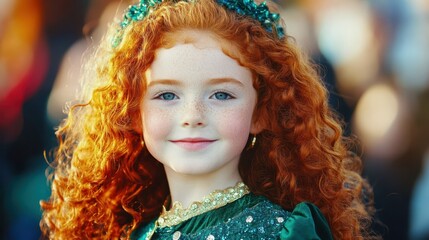 Smiling red-haired girl in a green dress dancing outdoors, celebrating St. Patrick's Day joyfully.
